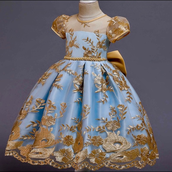 Other - Easter Dress 🩵 Flower Girl Spring Blue Tulle Gold Lace Pageant Gown - Kids 5
